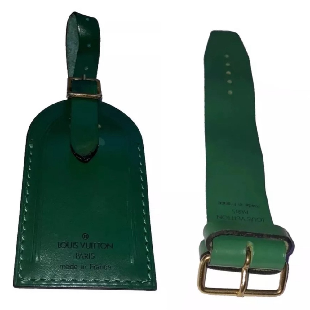 Louis Vuitton Large Green Leather Name Tag w/ Strap Poignet - 1 Set Goldtone